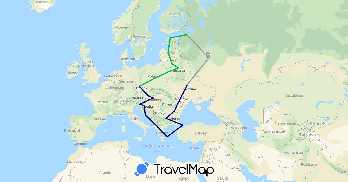 TravelMap itinerary: driving, bus, plane in Bulgaria, Belarus, Czech Republic, Estonia, Greece, Croatia, Hungary, Lithuania, Latvia, Poland, Romania, Russia, Slovenia, Slovakia, Turkey, Ukraine (Asia, Europe)